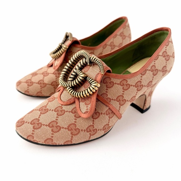 Gucci Shoes - GUCCI || Rare GG Torchon Logo Canvas Monogram Pumps Copper Trim Heels EU 40